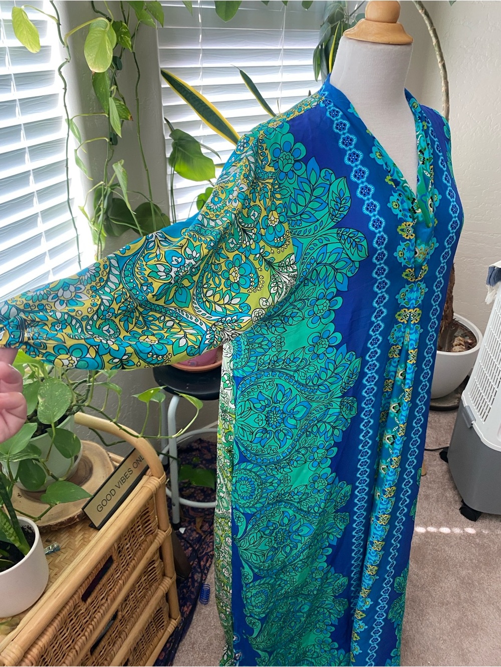 Johnny Was Blue & Green Floral Maxi Dress with Button-Front - Picture 4 of 7